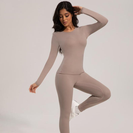 Two-Piece Set Women'S Solid Color Long Sleeve Tee & High Waisted Leggings Tracksuit Set, Sporty Comfy Breathable Outfits for Gym Workout Training Running, Sport Breathable Comfortable Sport Outfit, Ladies Fall & Winter Sportswear
