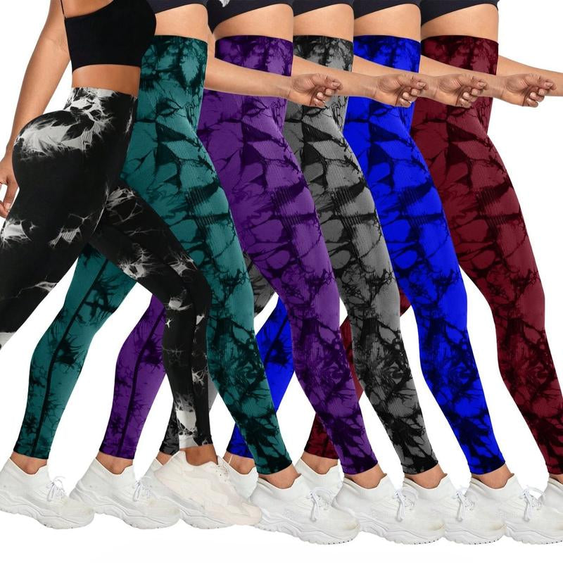 6 Pack Tie Dye Print High Waisted Workout Leggings for Women Scrunch Rear Lifting High Waist Tummy Control Yoga Athletic Wear