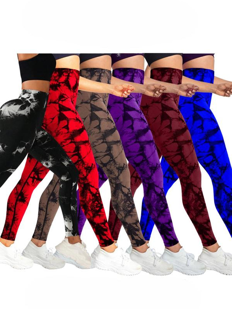 6 Pack Tie Dye Print High Waisted Workout Leggings for Women Scrunch Rear Lifting High Waist Tummy Control Yoga Athletic Wear